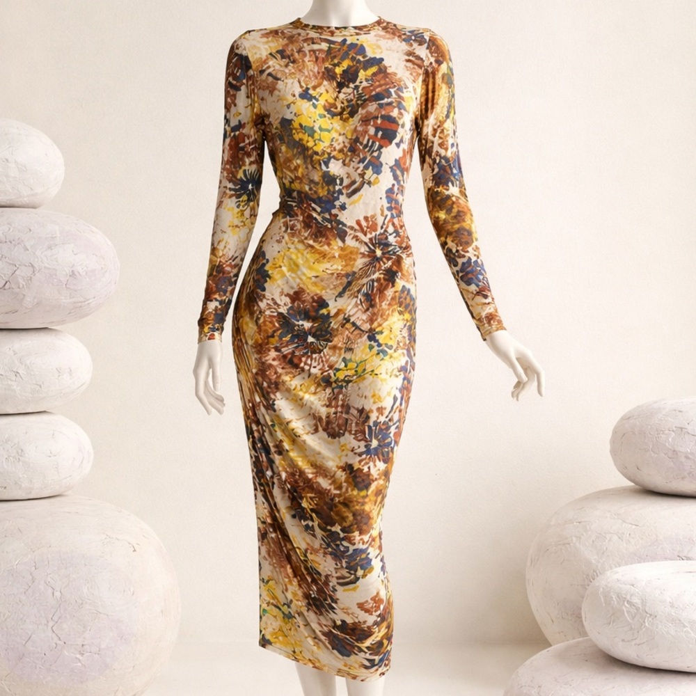 Sheer Abstract Print Bodycon Midi Dress Mesh Long Sleeve Ruched Stretch Artsy L